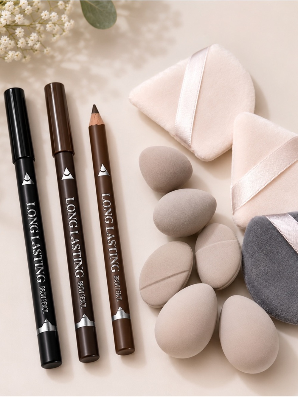 Brown & Black Brow Pencils with Beige Makeup Sponges